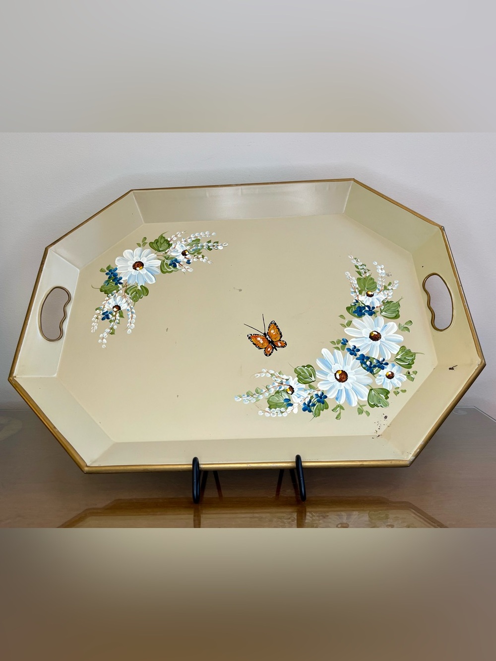 Vintage Large Toleware Tray - Steiger’s - Cream w/Butterfly White & Blue Flowers
